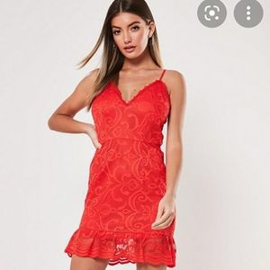 Missguided Red Crochet Lace Ruffle Hem Mini Dress